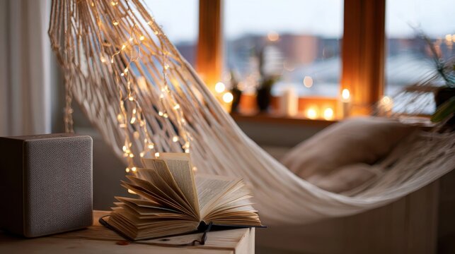 Indoor hammock with string lights, open book and speaker playing music, evening chill vibes