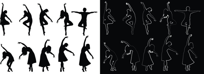 Silhouette of graceful women dancing ballet in harmony artistic dance performance in black and white backdrop