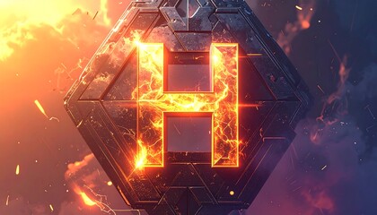A metallic, geometric form with a fiery "H" center amidst an energetic, fiery background. The scene is dramatic with light and shadow