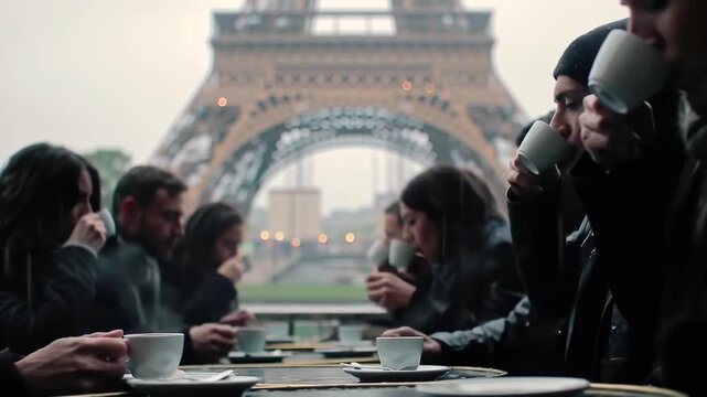 Rainy Paris Cafe: Friends Huddle, Sipping Steaming Coffee with Eiffel Tower Backdrop, Capturing a Moody Urban Moment
