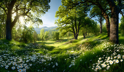 Fototapeta premium Green forest landscape with blooming daisies in spring sunlight