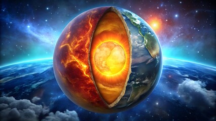 Earth cutaway showing the inner layers with a glowing core and outer space