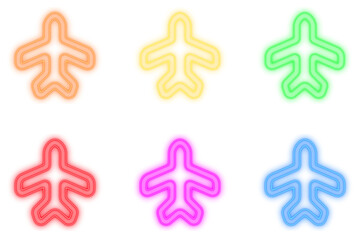 Fototapeta premium Futuristic Neon Airplane Icons in Multiple Glowing Colors Representing Travel, Aviation, Navigation, and Modern Transport Technology Design