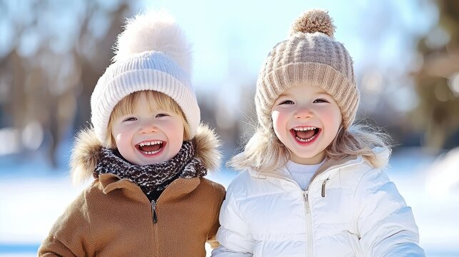 Two Happy Children in Winter Hats and Coats Laughing Together in a Snowy Landscape, Portrait of Joyful Kids Enjoying Winter Fun