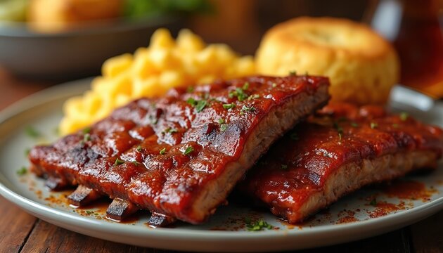 Delicious BBQ ribs covered in rich red sauce are on plate. Garnish of fresh green herbs. Golden mac, cheese with cornbread muffin in background. Hearty meal, perfect comfort food, ready to enjoy now. - Powered by Adobe