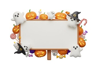 White frame with pumpkins, ghosts, cats and candy creating an adorable Halloween design for children's party invitations.