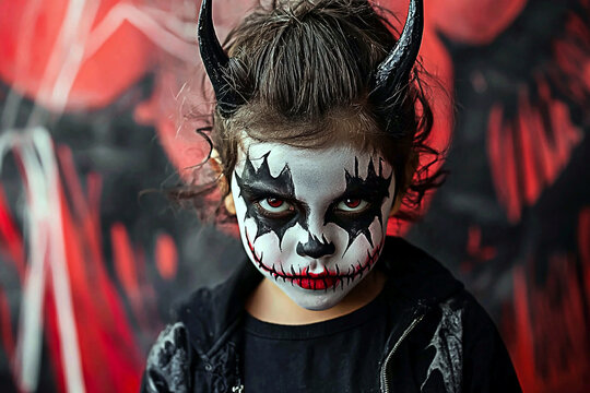 AI Generated - Little girl with her face painted like a devil, wearing a black dress and horns, with a blurred background. Commercial illustration artwork for business applications. High-resolution.