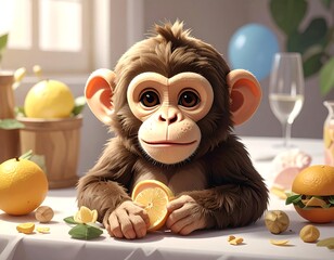 Cute Baby Monkey Eating a Lemon at a Party.
