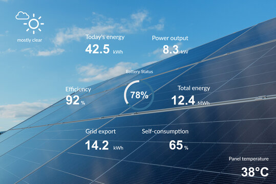 Futuristic solar power monitoring interface overlay on photovoltaic panels showing energy production data
