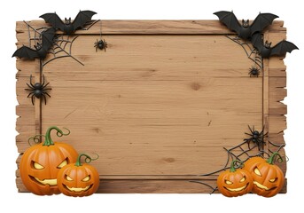 Natural wooden board with bats, spiders and carved pumpkins creating a rustic Halloween frame for seasonal party designs.