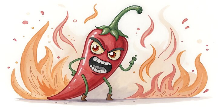Angry Pepper Cartoon Character Illustration Fiery Pepper Character with Flames Red Hot Chili Pepper Cartoon Illustration.