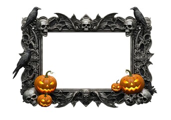Gothic black frame with ravens and glowing pumpkins creating a dramatic dark Halloween design for elegant party invitations.