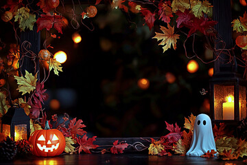 AI Generated - Halloween scene with pumpkins, leaves, candles, and a ghost on a table. Commercial illustration artwork for business applications. High-resolution. Premium quality. Professional grade.