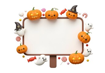 Cheerful Halloween sign with cute pumpkins, bats and candy creating a playful design perfect for kids party invitations.