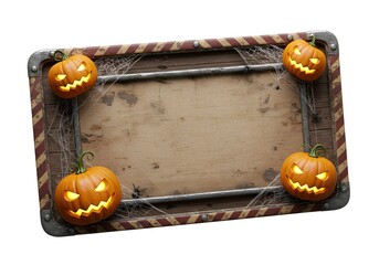 Dark industrial frame with glowing jack-o-lanterns creating a gritty Halloween horror atmosphere for modern party designs.