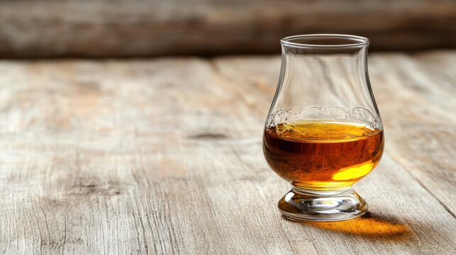 Single Malt Whiskey in Glencairn Glass: A Close-Up of a Dram of Golden Whiskey on a Rustic Wooden Table, Perfect for Tasting and Luxury Themes