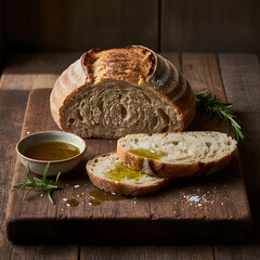 Rustic bread with olive oil and olives on wooden board