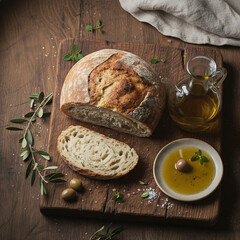 Rustic bread with olive oil and olives on wooden board