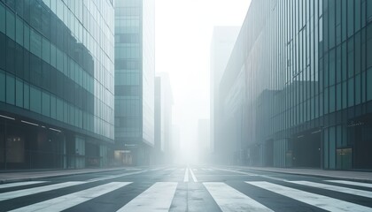Modern city street with tall glass buildings shrouded in fog. An empty crosswalk on wet asphalt leads towards a bright horizon. The urban scene conveys quiet solitude and a sense of calm.