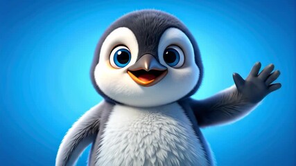 Cute cartoon penguin waving hello on a blue background. - Powered by Adobe