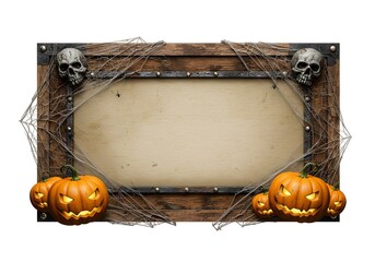  Gothic wooden frame with skulls, spiderwebs and pumpkins creating a dark Halloween horror atmosphere for spooky designs.