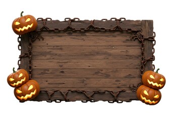 Rustic wooden board with chains and glowing jack-o-lanterns creating a spooky Halloween frame perfect for seasonal party designs.