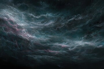 Fototapeta premium A dark, swirling celestial panorama of layered clouds with hints of light and color