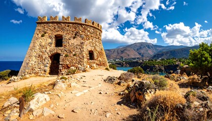 Ancient Greek Watchtower on Sunny Hilltop.
