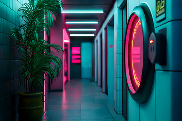 Futuristic laundromat hallway with cool neon light and modern washing machine. vibrant, cyberpunk aesthetic concept