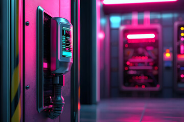 Futuristic cyber security technology on digital sci fi platform, with mysterious neon glow from wall terminal