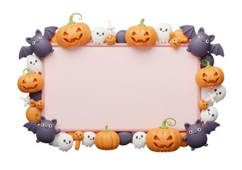 Sweet pastel frame with adorable pumpkins, ghosts and bats creating a kawaii Halloween design for children's party invitations.