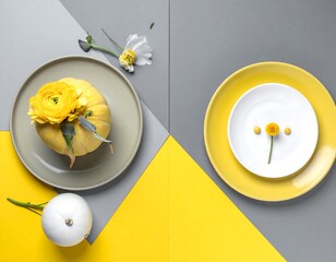Yellow and Gray Plates with Flowers and Food.