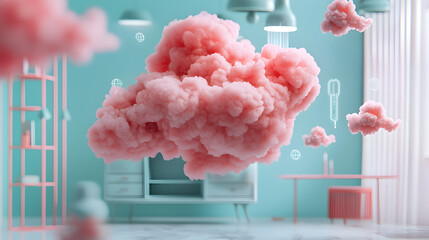Fluffy pink cloud floating in surreal dreamy interior. This conceptual room creates calm and whimsical feeling