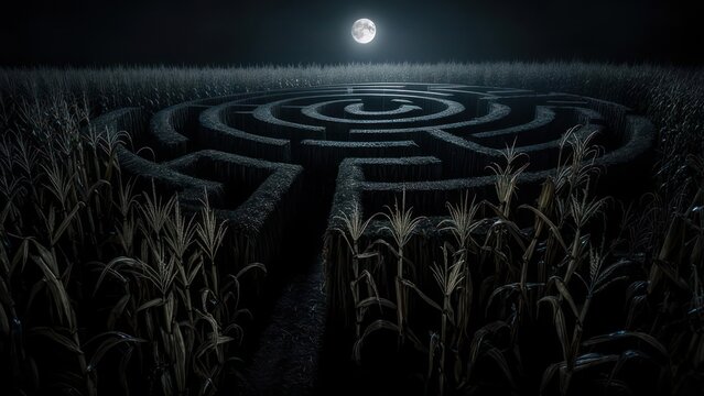 A moonlit night casts shadows over a complex corn maze. The winding paths invite exploration