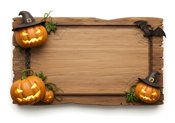 Natural wood board with glowing jack-o-lanterns and autumn foliage creating a warm cozy Halloween harvest frame design.