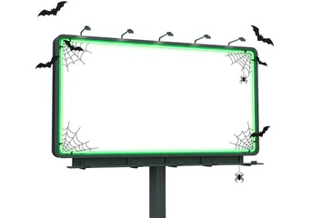 Green neon billboard with bats and spiderwebs creating an eerie Halloween advertising space for modern promotional campaigns.