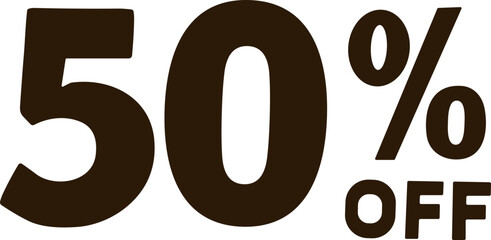 Bold dark brown text reading “50% OFF” representing a large sale discount for retail, marketing, or promotional materials.