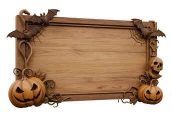 Rustic wooden board with carved pumpkins and autumn leaves creating a warm traditional Halloween harvest scene for seasonal designs.