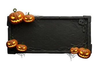 Dark slate board with glowing jack-o-lanterns creating a moody Halloween atmosphere, perfect for menu designs and seasonal promotions.