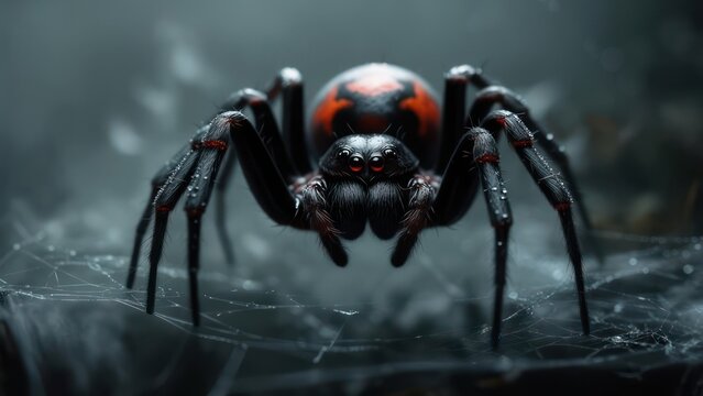 Close-up of a black widow spider with red markings, poised on a web, blurred background