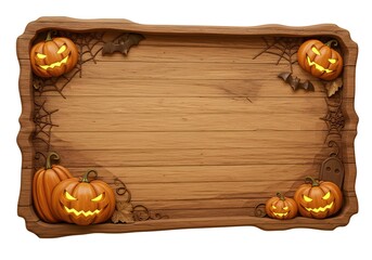 Cozy wooden board with carved jack-o-lanterns in corners creating a warm rustic Halloween frame for autumn seasonal designs.