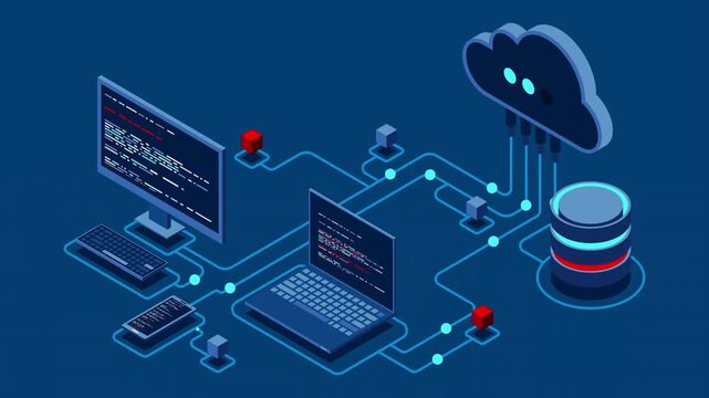 Cloud computing concept with laptop, desktop, and database connection, for website or presentation background