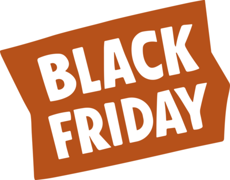 A bold “BLACK FRIDAY” text graphic in dark brown on an orange, irregularly shaped background, designed for sale promotions, retail marketing, and advertising materials