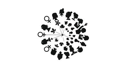 Diverse silhouettes of women and symbols radiating from center on white background