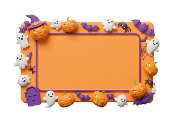 Vibrant Halloween frame with pumpkins, ghosts, bats and purple ribbon creating a festive orange background for party invitations. halloween pumpkin frame