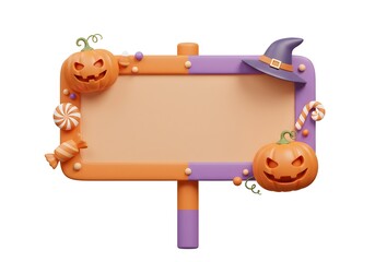halloween pumpkin with blank sign,Cute Halloween sign with pumpkins, witch hat and ghost on purple striped post, perfect for festive autumn decorations and celebrations.