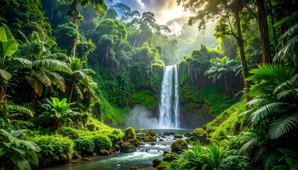Tropical Waterfall Lush Rainforest.