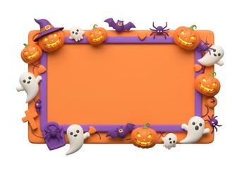 Colorful Halloween frame with pumpkins, ghosts, bats and purple border on orange background for festive party invitations and designs., framework for photo
