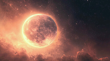 Obraz premium AI Generated - Full moon in the sky with clouds and stars in the background, creating an animated and vibrant atmosphere. Commercial illustration artwork for business applications. High-resolution.