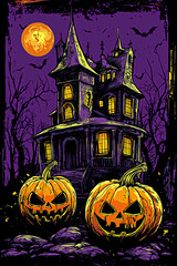 AI Generated - Haunted house with two jack-o'-lanterns in front of it, surrounded by trees and a full moon in the night sky. Commercial illustration artwork for business applications. High-resolution.